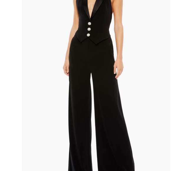 NEW IEENA for MAC DUGGAL Black PLUNGE Halter Neck TUXEDO Evening JUMPSUIT 2 - Picture 13 of 16